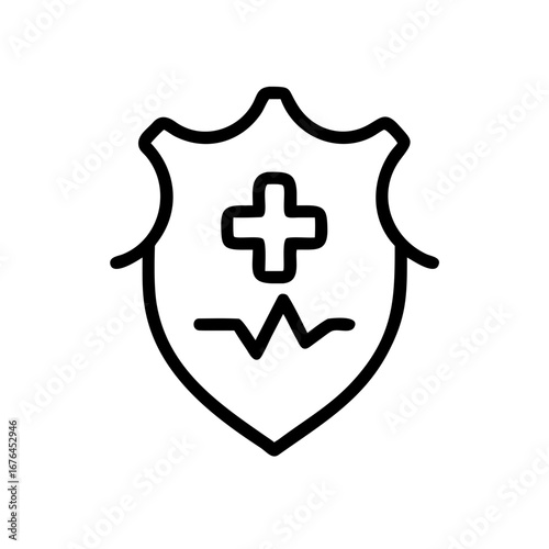 Outline shield with a medical cross and ekg line representing health and safety in a simple design