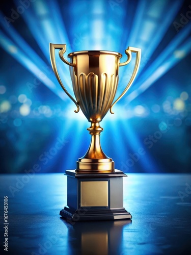 Golden trophy sits atop a sleek blue pedestal