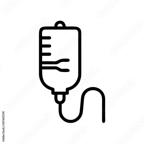 Illustration of an intravenous drip bag with visible fluid levels and a connected tube in black outline