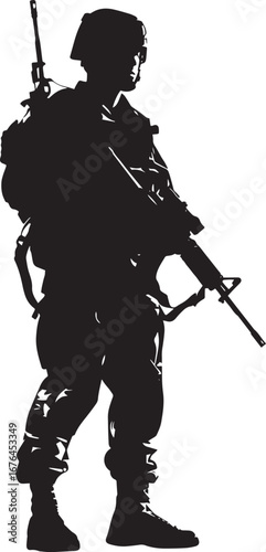 A silhouette of a soldier standing with a rifle, wearing a helmet and uniform, against a white background.