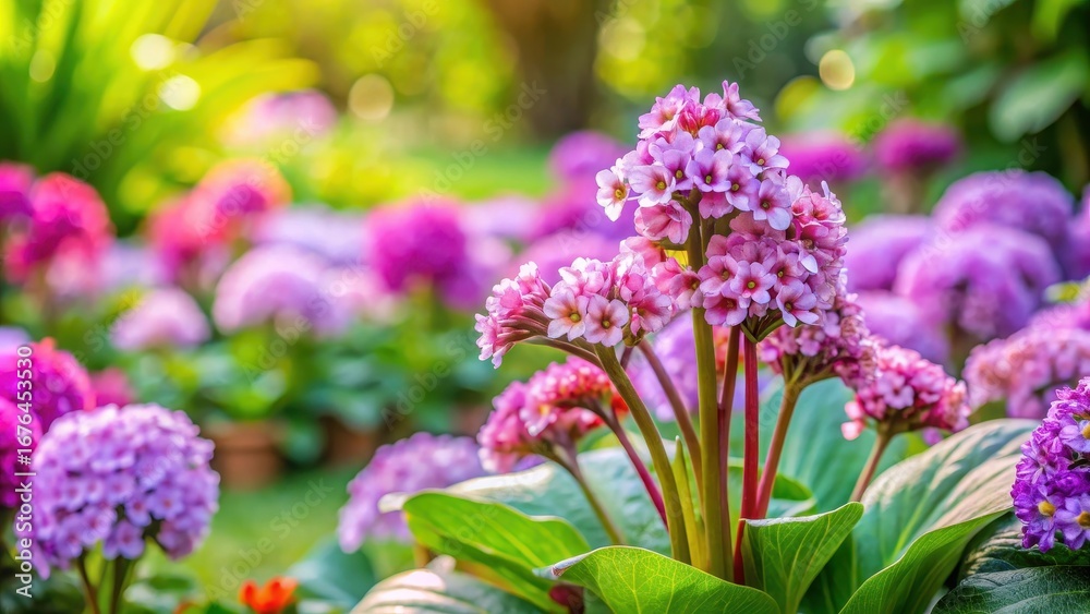 Obraz premium A delicate lilac flower blooms in a lush green spring garden amidst vibrant foliage and colorful flowers