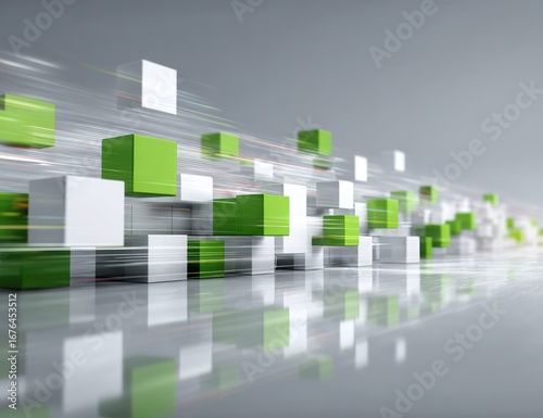 Abstract 3D graphic of white and lime-green cubes in motion,  reflecting on a gray surface