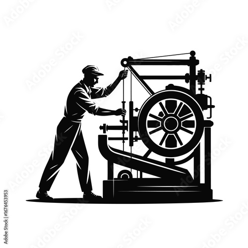 Vintage machinist operating industrial machinery and gears in a workshop setting
