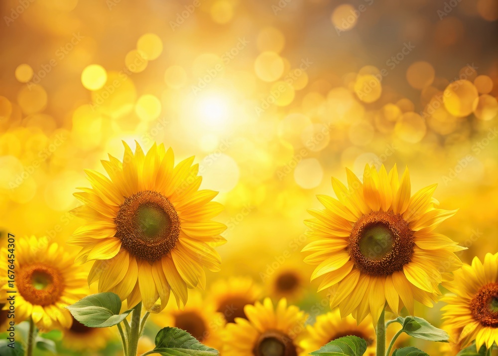 Fototapeta premium sunflowers in vibrant yellow field with blurred background and bokeh effect