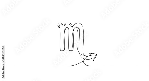 Scorpio Zodiac Sign: A minimalist line art illustration of the Scorpio zodiac symbol, gracefully depicted against a plain background, symbolizing the intensity, mystery.