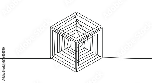 Abstract Cubic Construction: A captivating monochrome illustration of an intricately designed cube, where meticulous lines converge to form a visually stimulating geometric structure.
