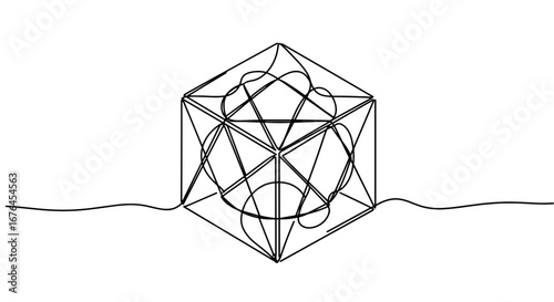 Abstract Geometric Sculpture: A minimalistic and intricate line art illustration showcases a geometric sculpture, with its dynamic form and balanced design