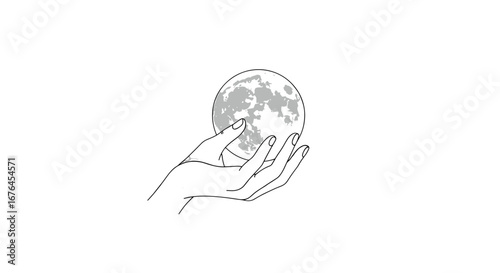 Lunar Embrace: A graceful hand delicately cradles a detailed, lunar sphere, a minimalist line art illustration that evokes the mystique of the cosmos and the beauty of simplicity.