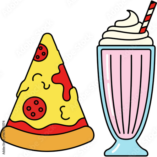 Delicious pizza slice and milkshake illustration, ideal for restaurant menu design, fast food branding, cafe posters, digital marketing, food blogs, and social media promotions.