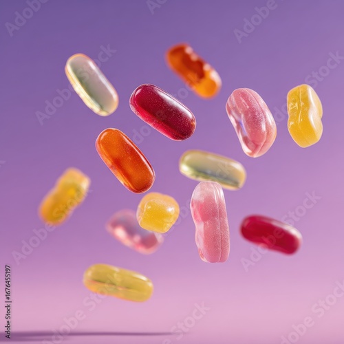 Colorful, oblong candies in various shades of red, orange, yellow, and pink, suspended in mid-air against a soft purple background
