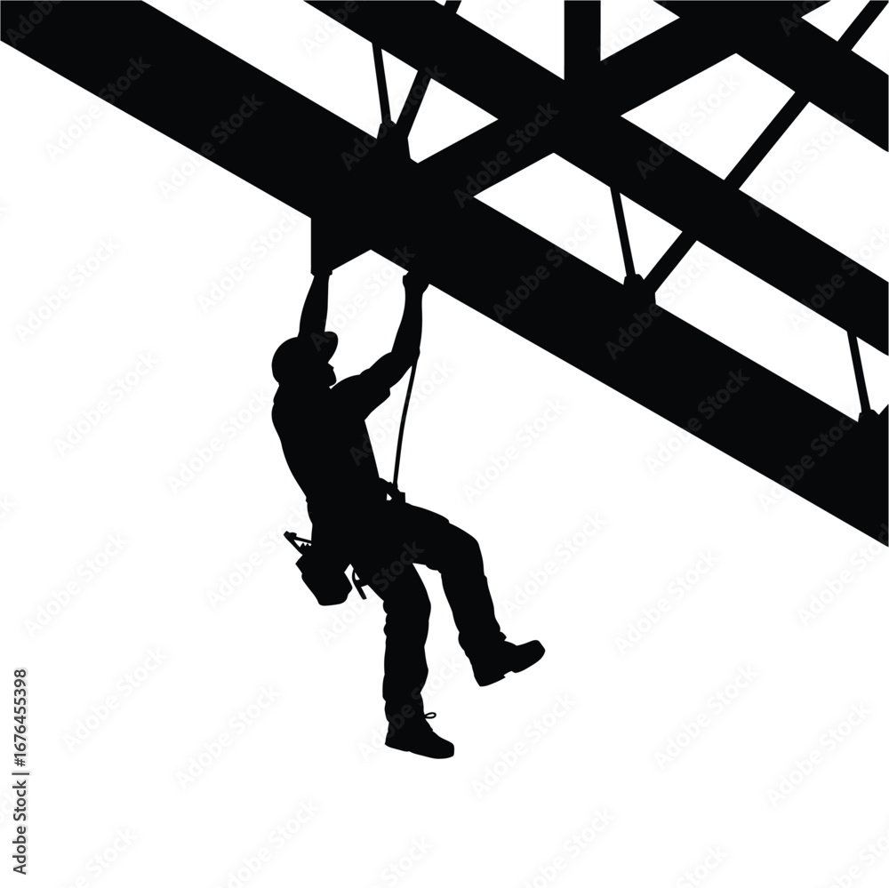 Naklejka premium Silhouette of a daring climber scaling a high-rise structure suspended by a rope in a risky adventure