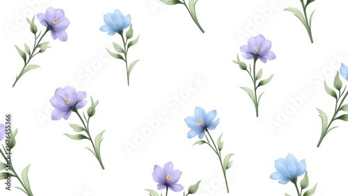 Seamless Pattern of Purple and Blue Flowers with Green Leaves on White Background for Textile Design