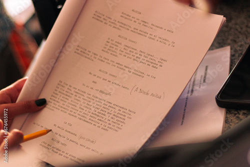 Photos View of a film script in an audiovisual production, with a close-up of its words
