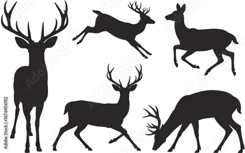 Majestic deer silhouettes captured in various dynamic poses against a clean white background