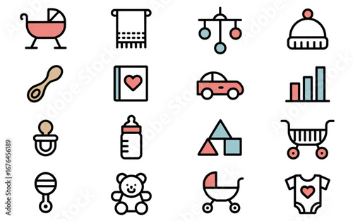 Charming collection of baby essentials and toys in a playful and modern flat design style