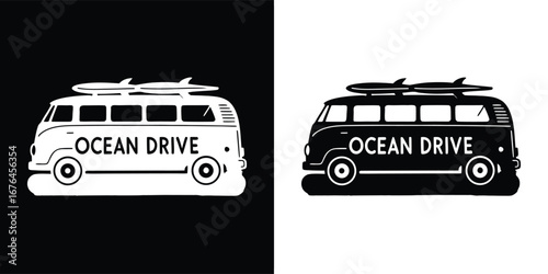 Vintage van with surfboards on the roof, symbolizing ocean drive and summer beach adventures, presented in both black and white versions for versatile design use