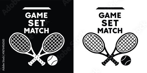 Tennis game, set, match with rackets and ball, representing sport, competition, and victory