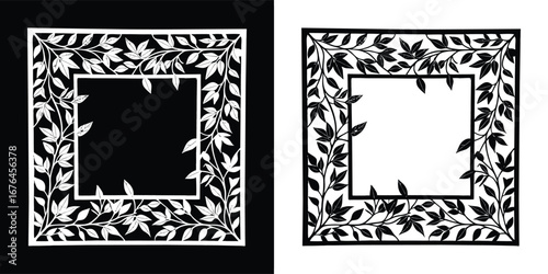 Ornate floral border with leaves and vines, vintage design element for framing or decoration, available in black and white