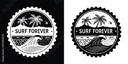 Vintage surf forever emblem with palm trees and crashing wave, black and white design, perfect for tshirts and apparel, isolated on white background