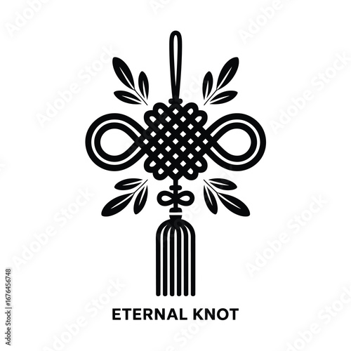 Elegant chinese eternal knot symbol with tassels and leaves for good fortune