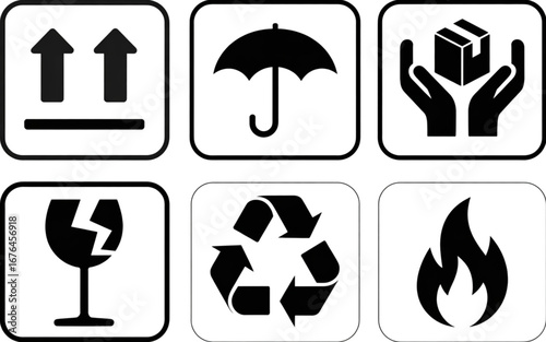 Set of universal shipping and handling symbols for package care