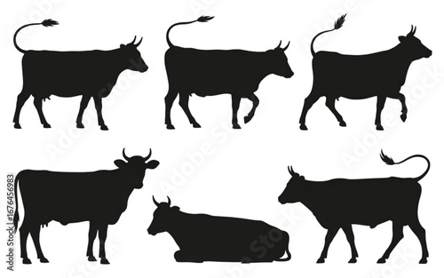 Silhouettes of cows in various poses against a white background