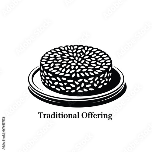 Traditional offering rice cake served on plate simple black and white line art drawing