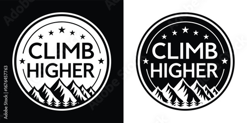 Climb higher logo with mountains and stars, representing aspiration, achievement, and pushing personal limits in outdoor activities