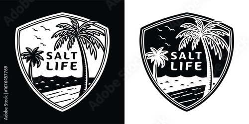 Shield emblem depicting a tropical beach scene with palm trees, waves, and the phrase salt life, evoking a relaxed coastal lifestyle and vacation vibes, available in black and white versions