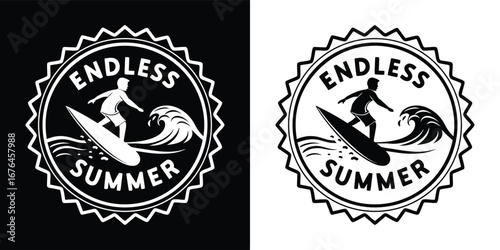 Endless summer a surfer rides a wave in a circular emblem, evoking a sense of freedom and adventure