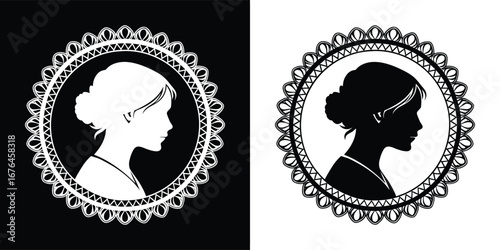 Vintage silhouette portrait of a woman in profile within an ornate circular lace frame, showcasing elegant style and presented in both black and white versions