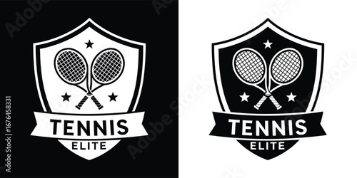 Tennis emblem featuring crossed rackets and the text tennis elite, representing toptier players and the prestigious nature of the sport, offered in dual black and white formats