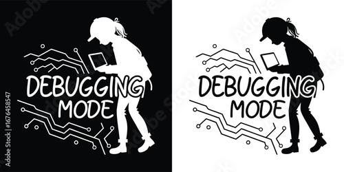 Young girl in debugging mode, silhouetted against circuit board lines, shown in both black and white formats for diverse design needs