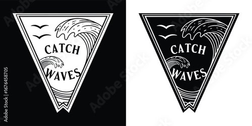 Vintage triangle logo featuring dynamic ocean waves and the phrase catch waves, depicted in black and white formats against opposing backgrounds, representing the spirit of surfing