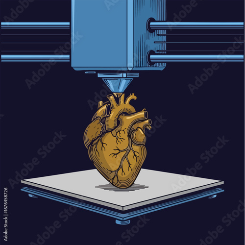 3D Printed Human Heart Emerging from Printer Nozzle.