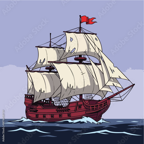 Majestic Red Galleon Sailing on Calm Sea.