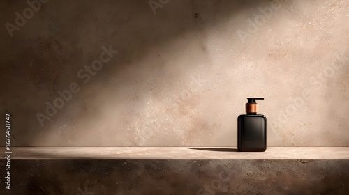 A dark bottle with a copper top sits on a light shelf against a textured beige wall, bathed in warm, natural light.