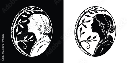 Elegant silhouette profile of a womans face framed by delicate leaves and branches, presented in a classic oval design in black and white