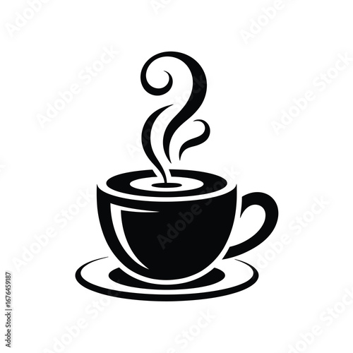 Steaming hot coffee cup silhouette with swirling aroma for morning breakfast and cafe moments