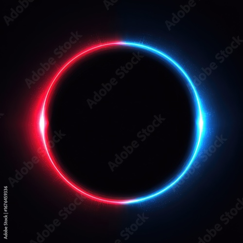 Red and blue neon circle frame on dark background