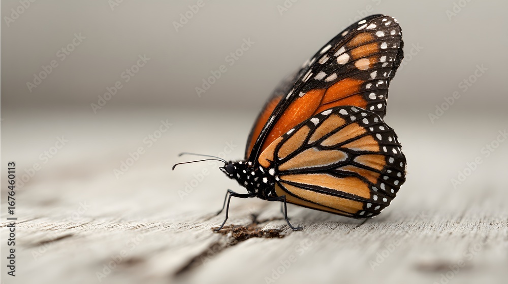 Obraz premium A close-up view of an exquisite monarch butterfly, showcasing its vibrant orange and black wings with white polka dots, perched gracefully on a weathered wooden surface.