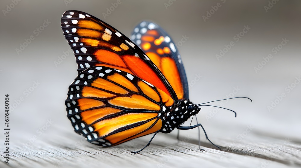 Obraz premium Close-up view of an exquisite monarch butterfly with vibrant orange and black wings, resting gracefully on a weathered wooden surface.