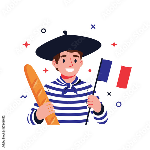 Cheerful French man holding baguette and flag, perfect for cultural events or tourism promotion