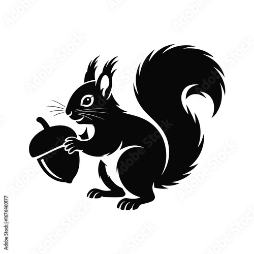 Whimsical black squirrel holding an acorn with fluffy tail and detailed fur