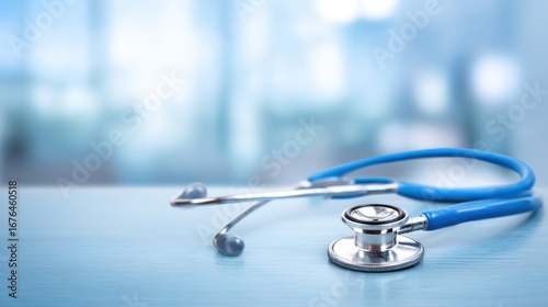A blue stethoscope on a blue table with a blurred background.