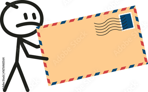 Sad stick figure carrying large envelope mail delivery concept