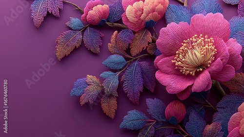 Vibrant floral artwork with purple background high resolution photo