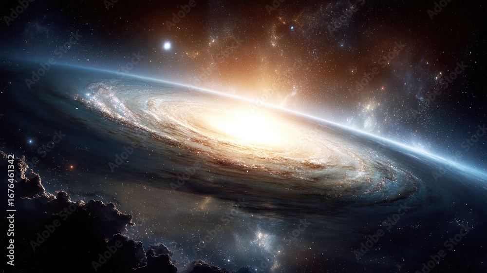 Obraz premium A vast, spiral galaxy with a bright central region and a ring of stars and gas.