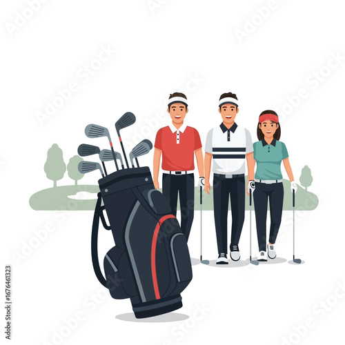 Three golfers stand behind a golf bag filled with clubs on a green course.