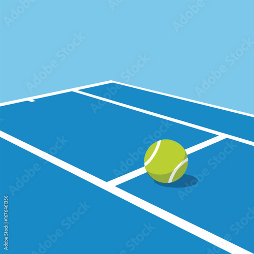 A tennis ball rests on a blue tennis court with white lines, under a light blue sky.